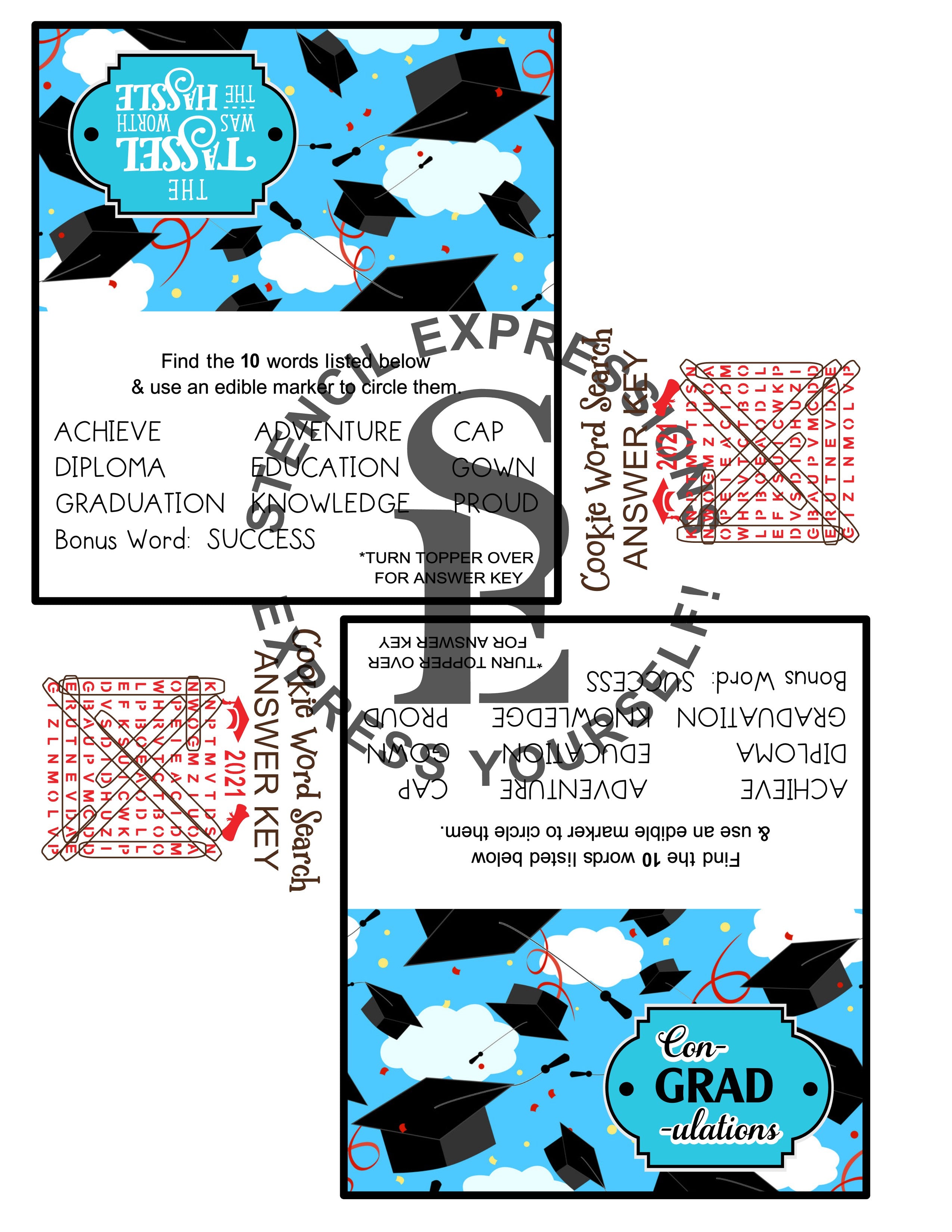 Graduation Word Search For Cookies, Cakes, Culinary bag topper