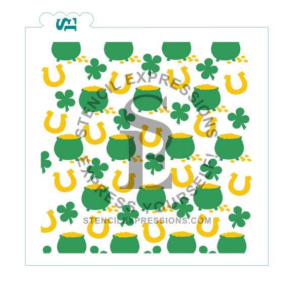 St. Patrick's Pot of Gold, Shamrock, Horse Shoe Background for Cookies Cakes Cuninary *